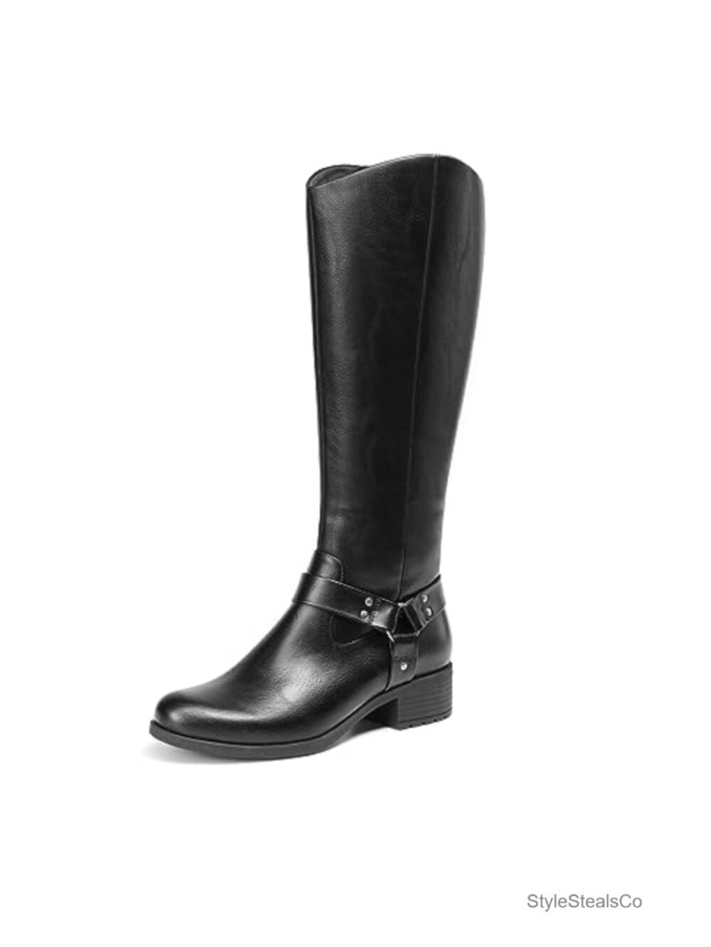 Women's Faux Leather Knee High Motorcycle Boots Side Zip Low Heel